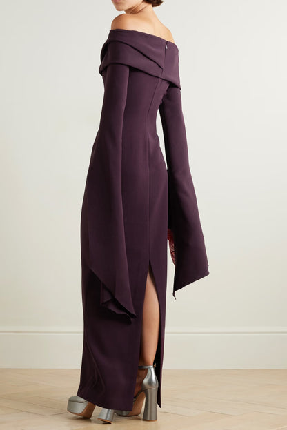 draped off-the-shoulder crepe maxi dress in burgundy