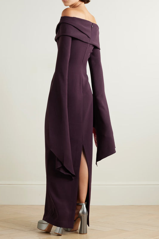 draped off-the-shoulder crepe maxi dress in burgundy