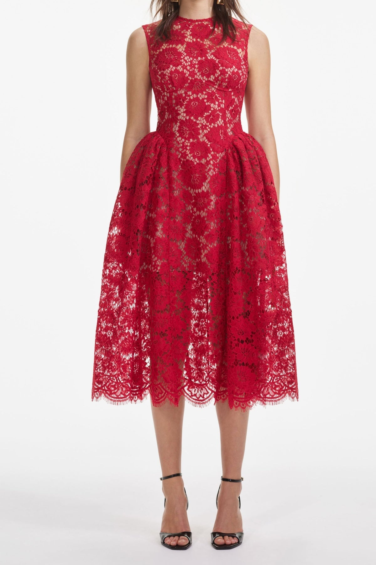 brenda Lace hollow Midi Dress in red
