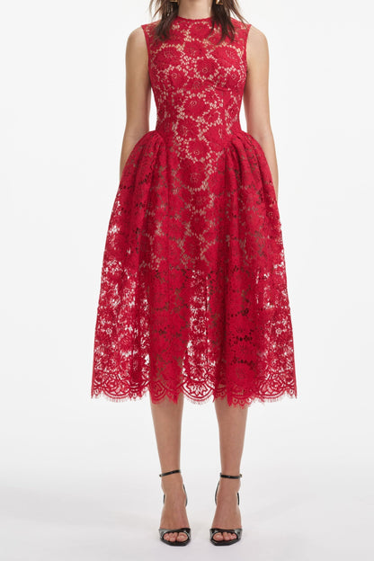 brenda Lace hollow Midi Dress in red