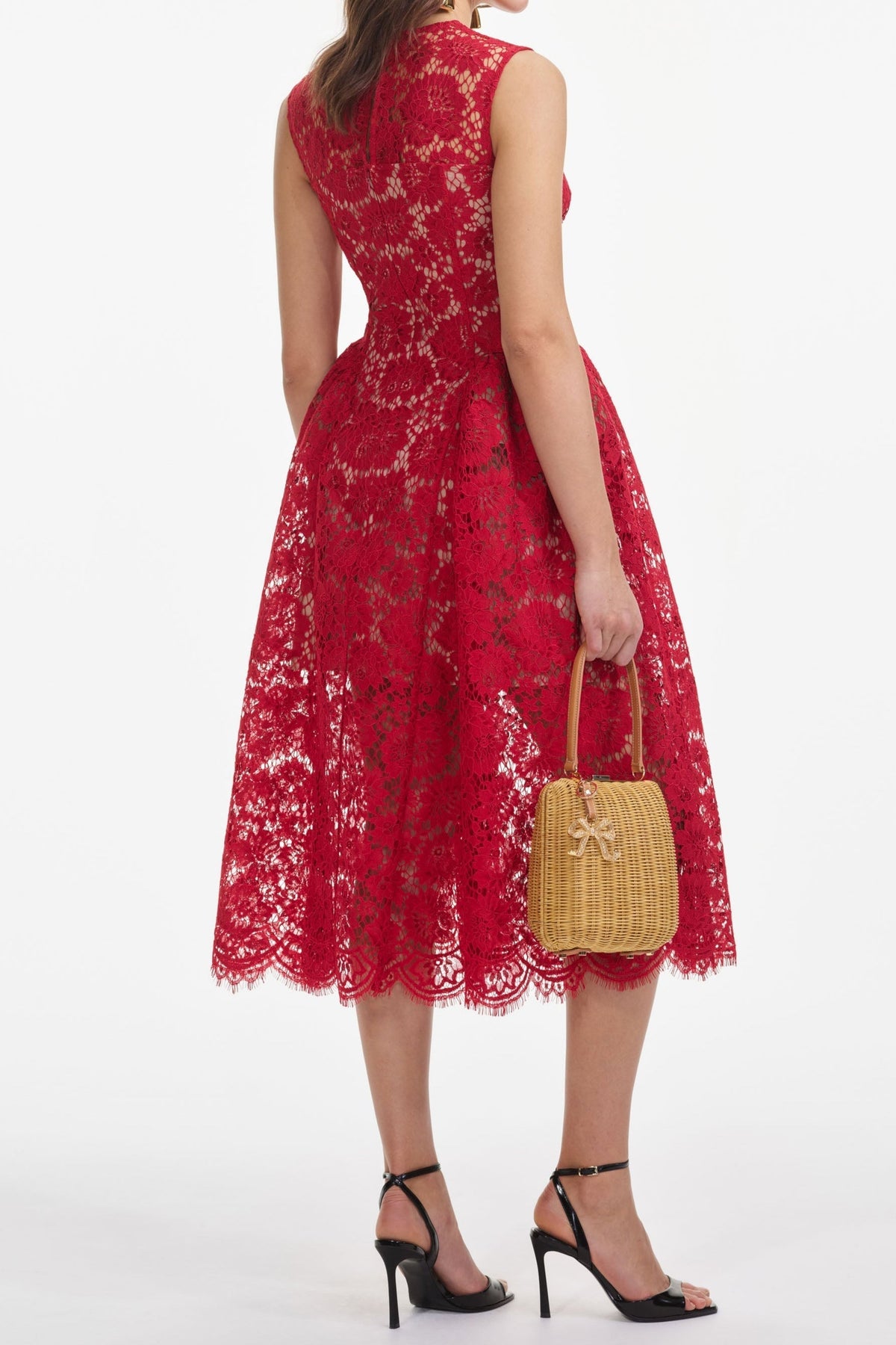 brenda Lace hollow Midi Dress in red