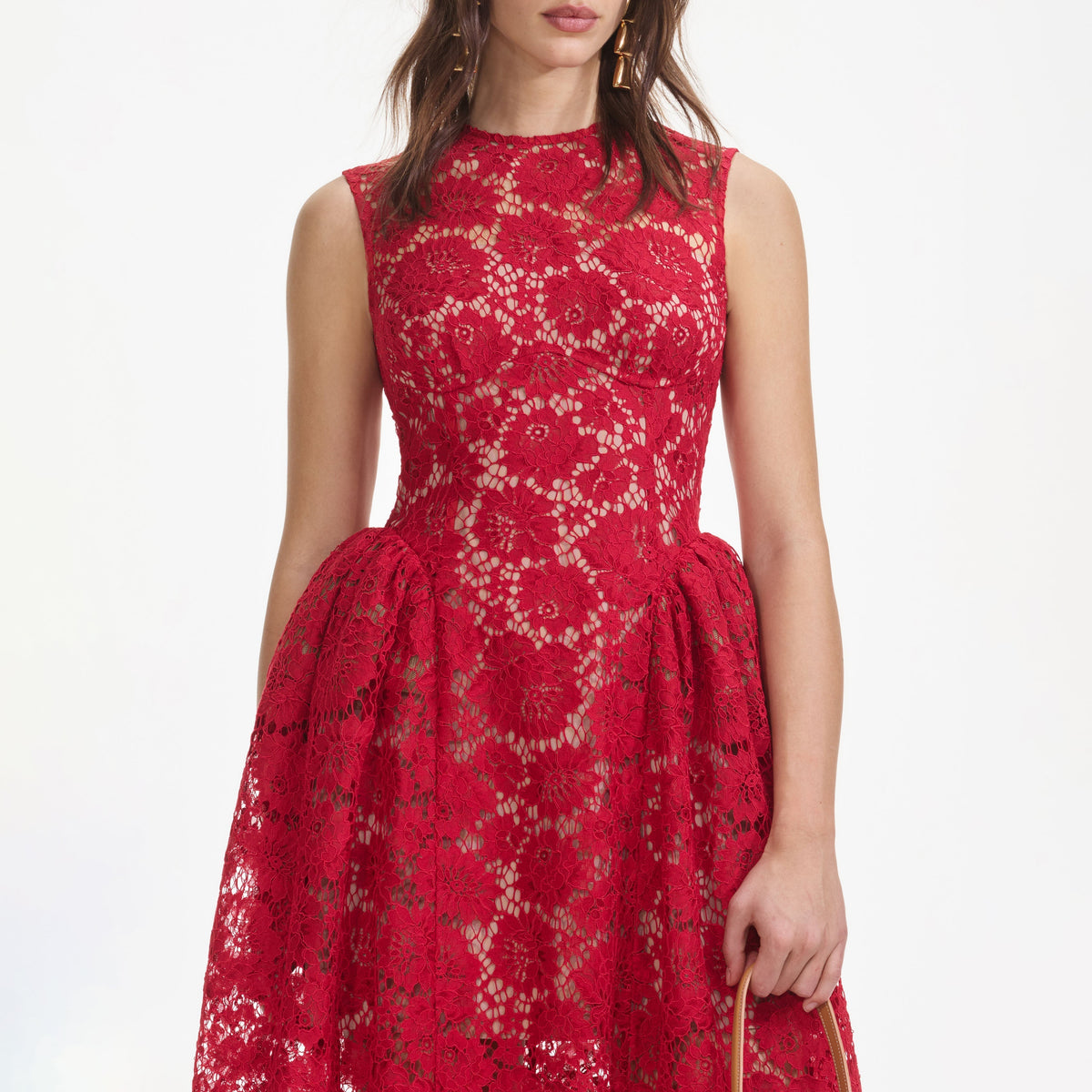brenda Lace hollow Midi Dress in red