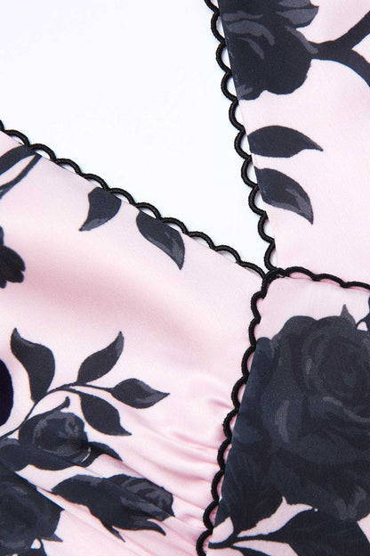 v-neck Satin Floral Midi Dress in pink