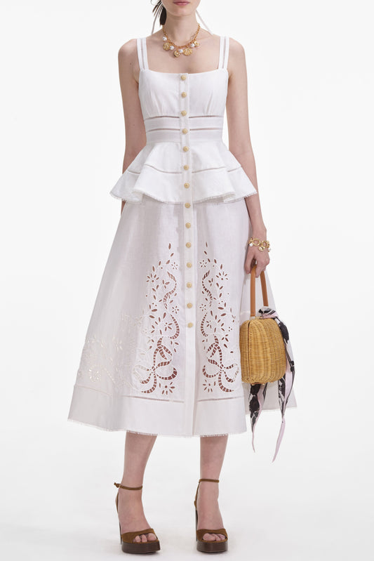 helen Cream Linen Peplum Midi Dress