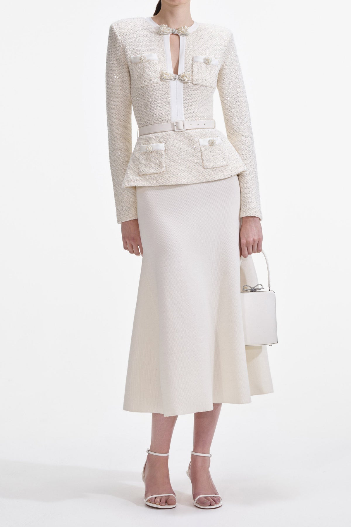 Cream Sequin Knit Tailored Midi Dress