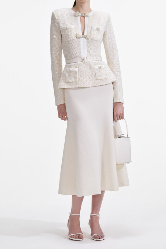 Cream Sequin Knit Tailored Midi Dress