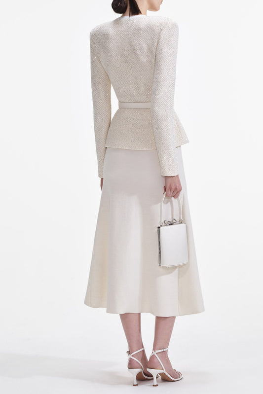 Cream Sequin Knit Tailored Midi Dress