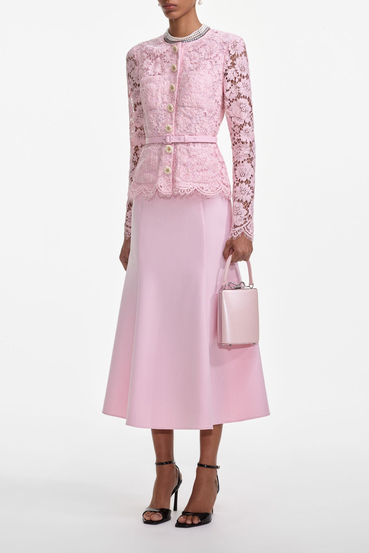 Pink Tailored Lace Midi Dress