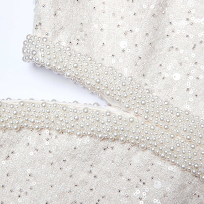 cut out cream boucle pearl mini dress