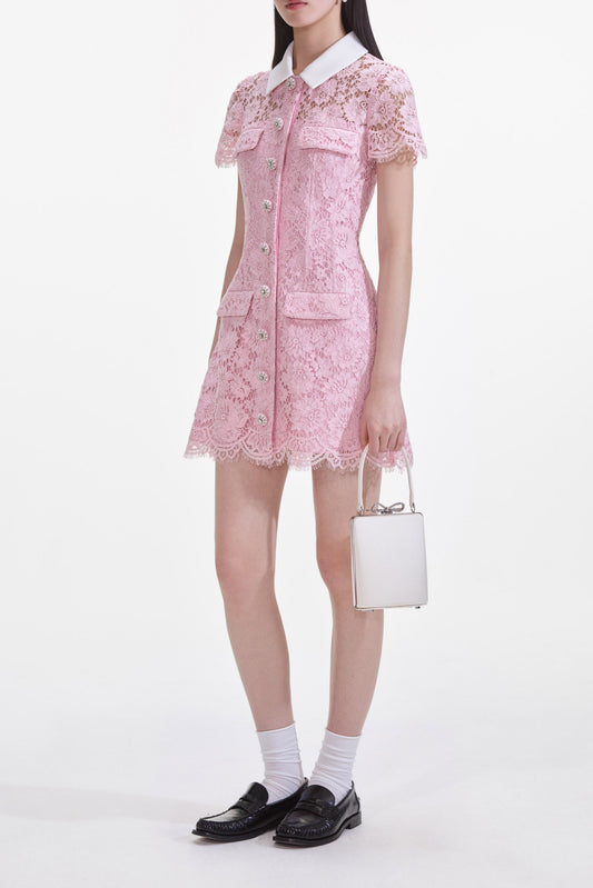 Pink Lace Collared Mini Dress