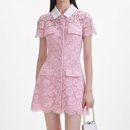 Pink Lace Collared Mini Dress