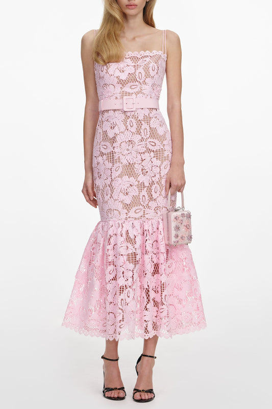 simona Pink Crochet Lace hollow Midi Dress