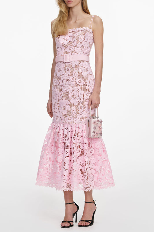 simona Pink Crochet Lace hollow Midi Dress