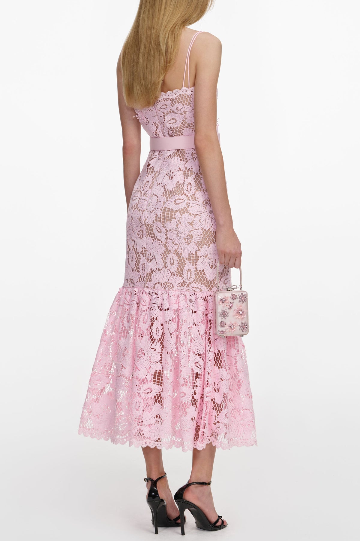 simona Pink Crochet Lace hollow Midi Dress