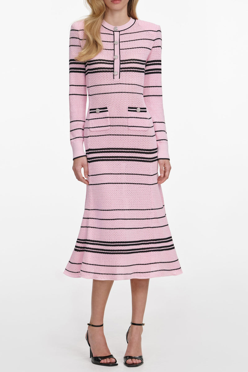 selena long sleeve Stripe Knit Midi Dress in pink