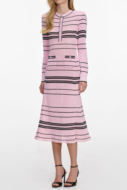 selena long sleeve Stripe Knit Midi Dress in pink