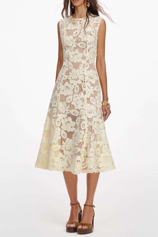 marjorie Yellow Crochet Lace hollow Midi Dress