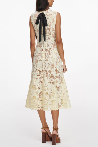 marjorie Yellow Crochet Lace hollow Midi Dress