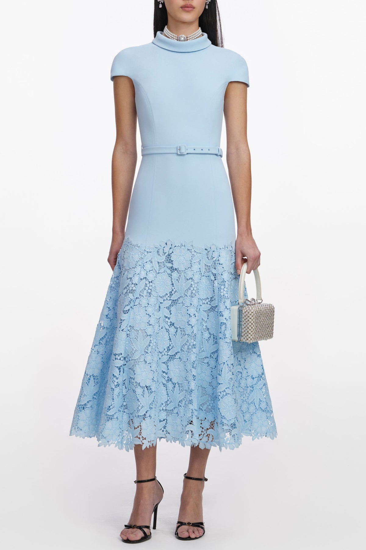 yvonne Blue Crepe Lace Midi Dress