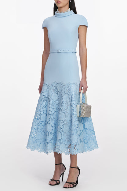 yvonne Blue Crepe Lace Midi Dress