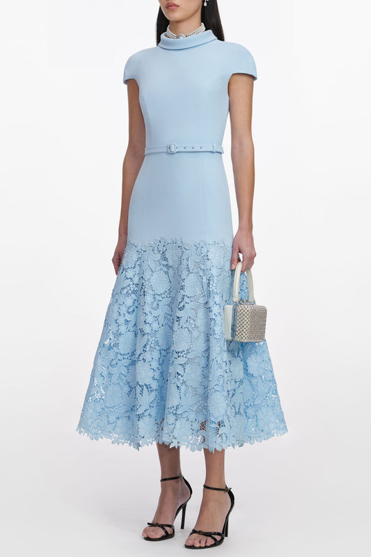yvonne Blue Crepe Lace Midi Dress