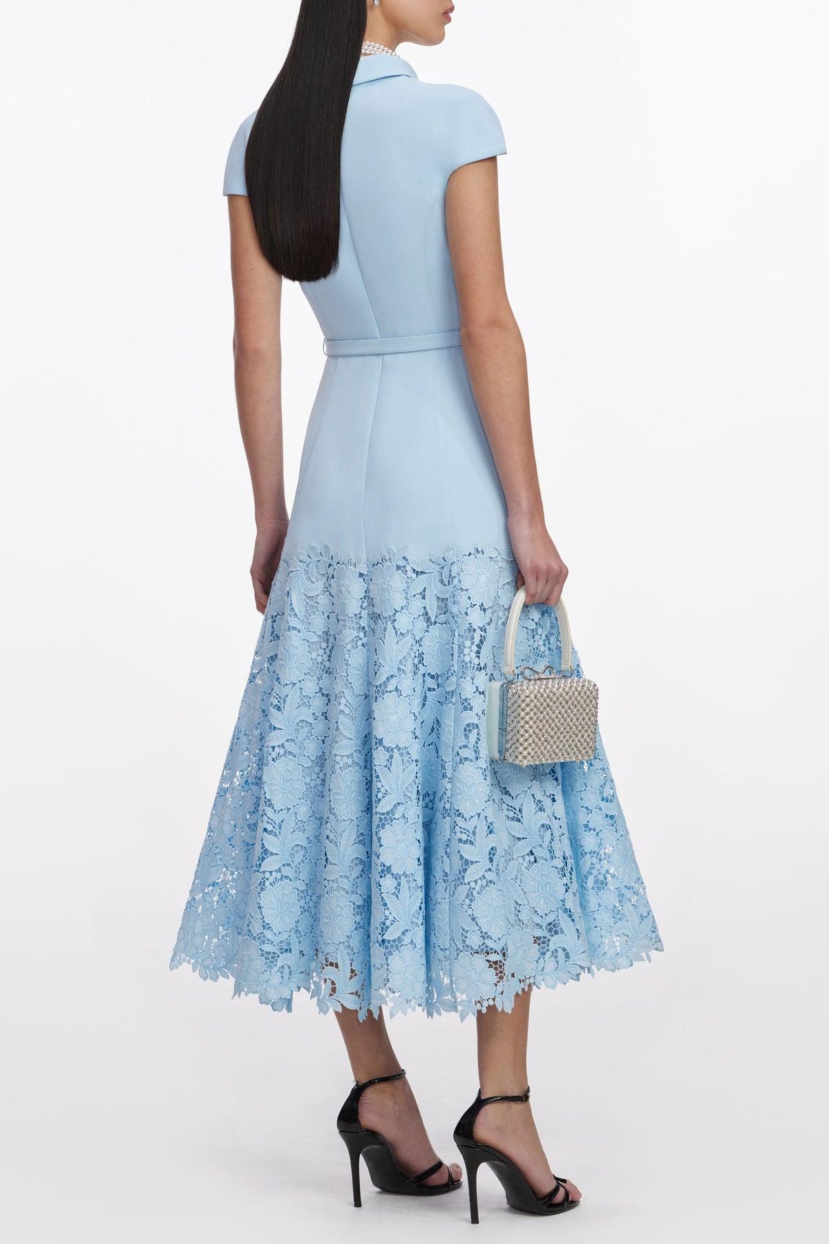 yvonne Blue Crepe Lace Midi Dress