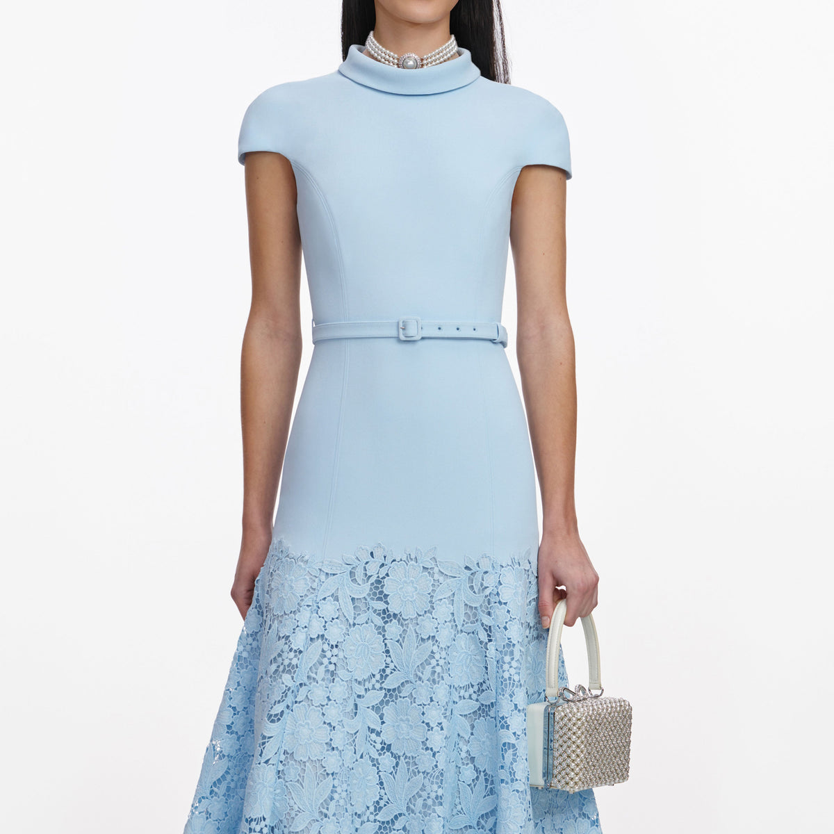 yvonne Blue Crepe Lace Midi Dress