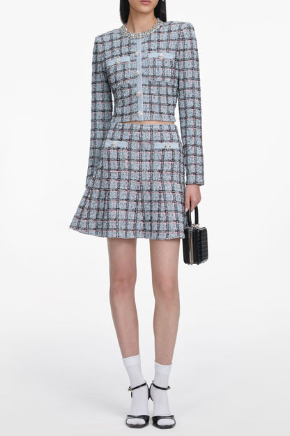 marjorie rhinestone Check Knit Cardigan skirt set - pale blue