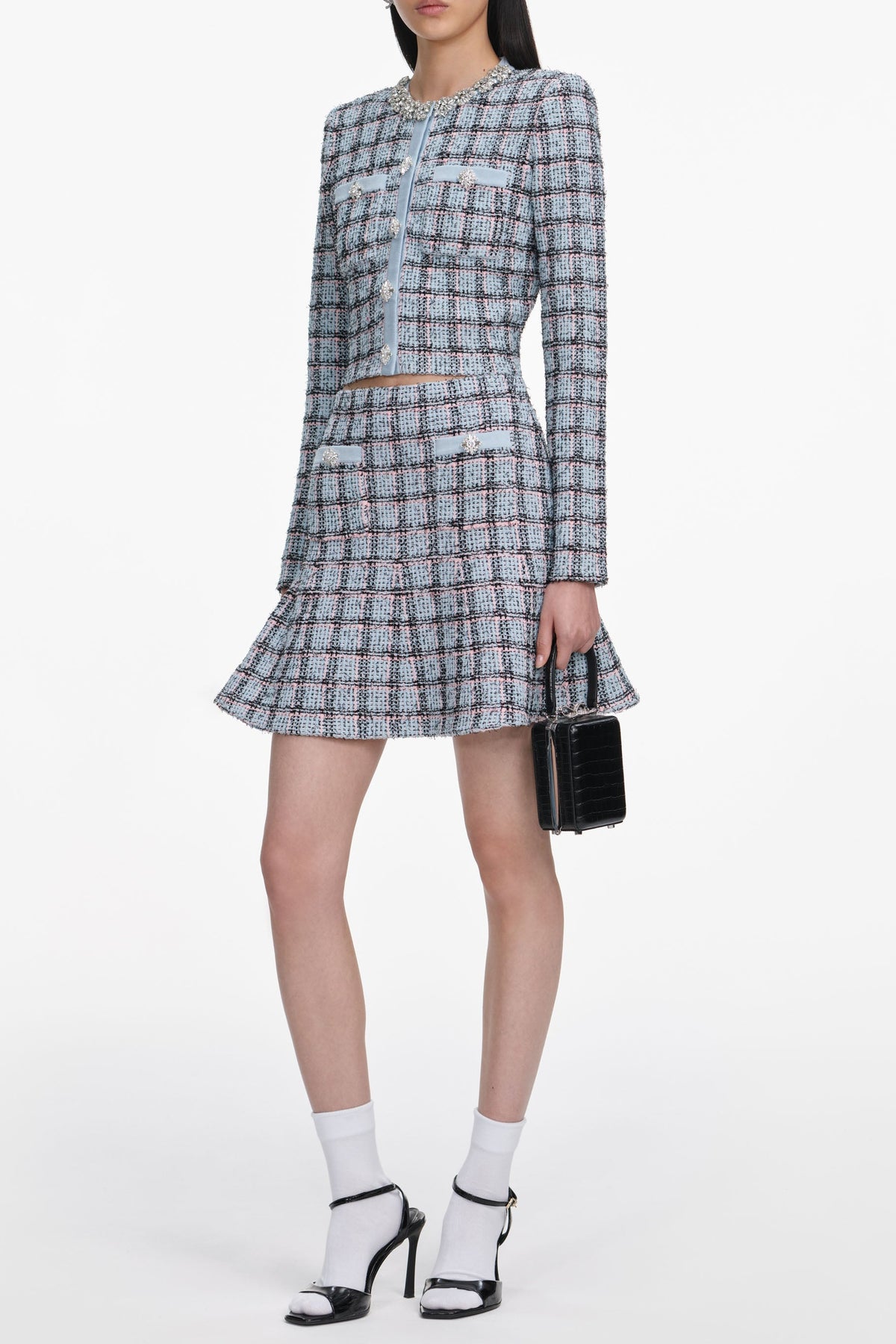 marjorie rhinestone Check Knit Cardigan skirt set - pale blue
