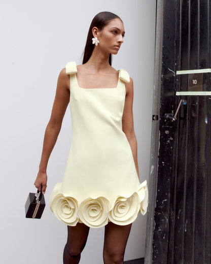 ophelia Yellow Crepe 3D Flower Mini Dress