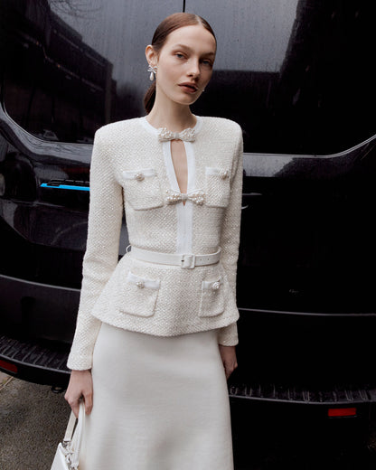 Cream Sequin Knit Tailored Midi Dress
