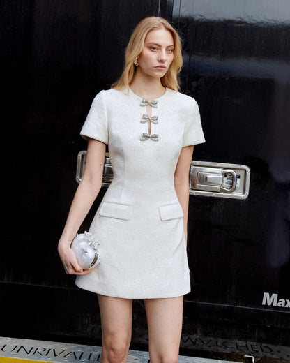 deirdre Cream Boucle Bow Mini Dress