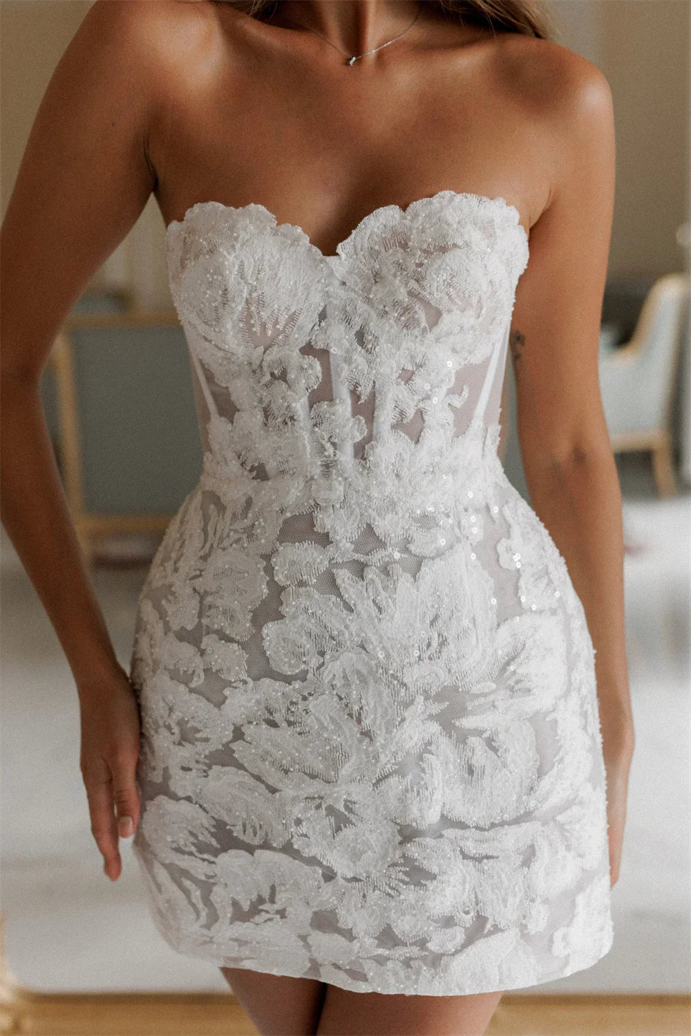 Jillian Strapless Lace Mini Dress In White