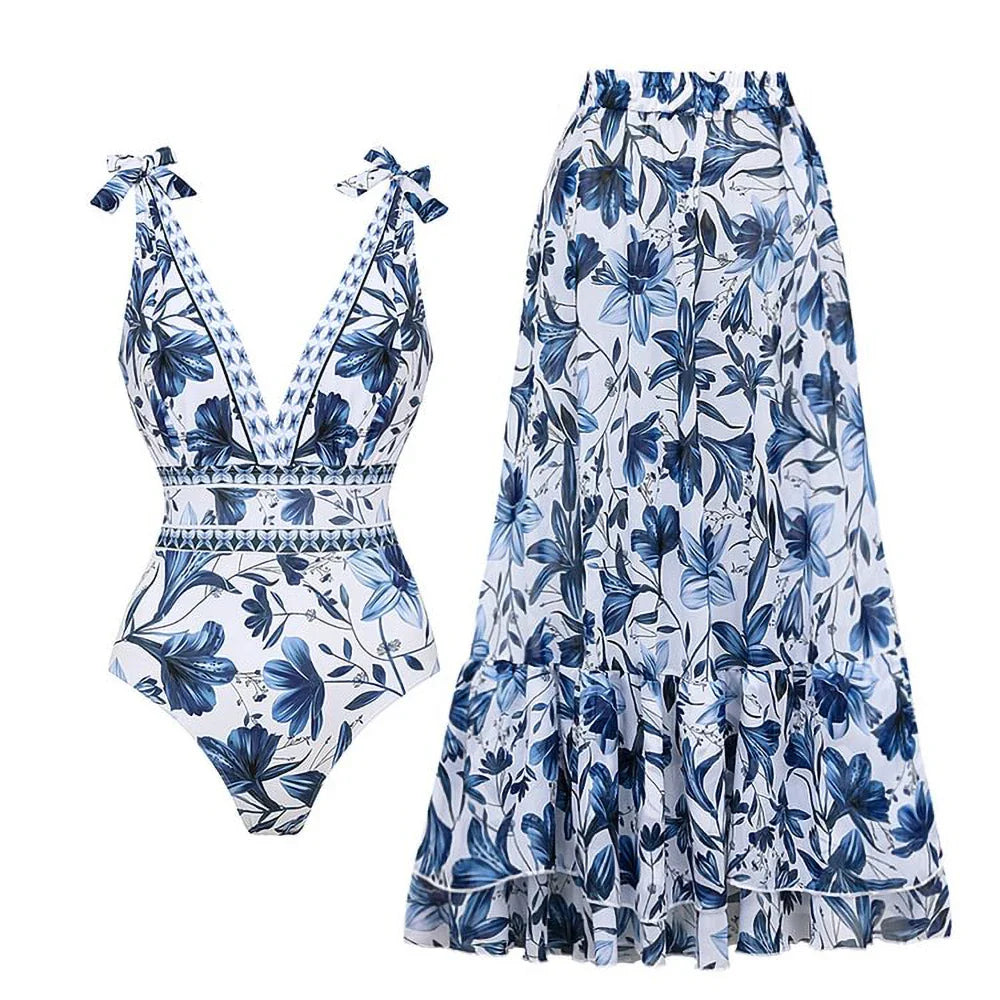 V-Neck Lace Patterned Printed One-Piece Swimsuit and Skirt