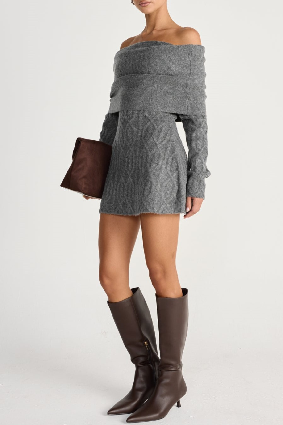 gwendolyn Off Shoulder Knit Mini Dress - Grey