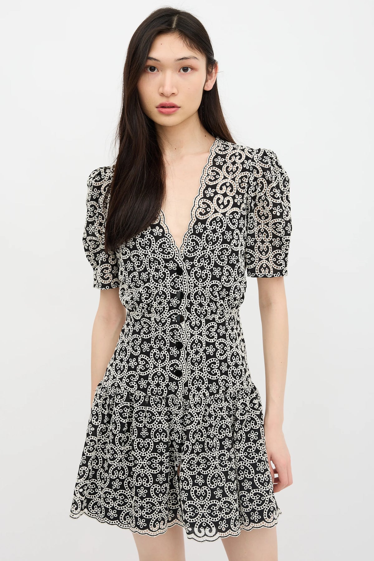 black v-neckline Guipure Mini Dress