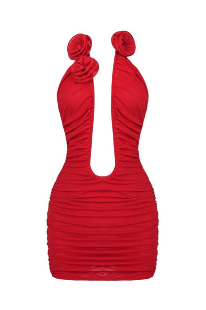 Sarah Ruched Plunge Flower Strapless Mini Dress