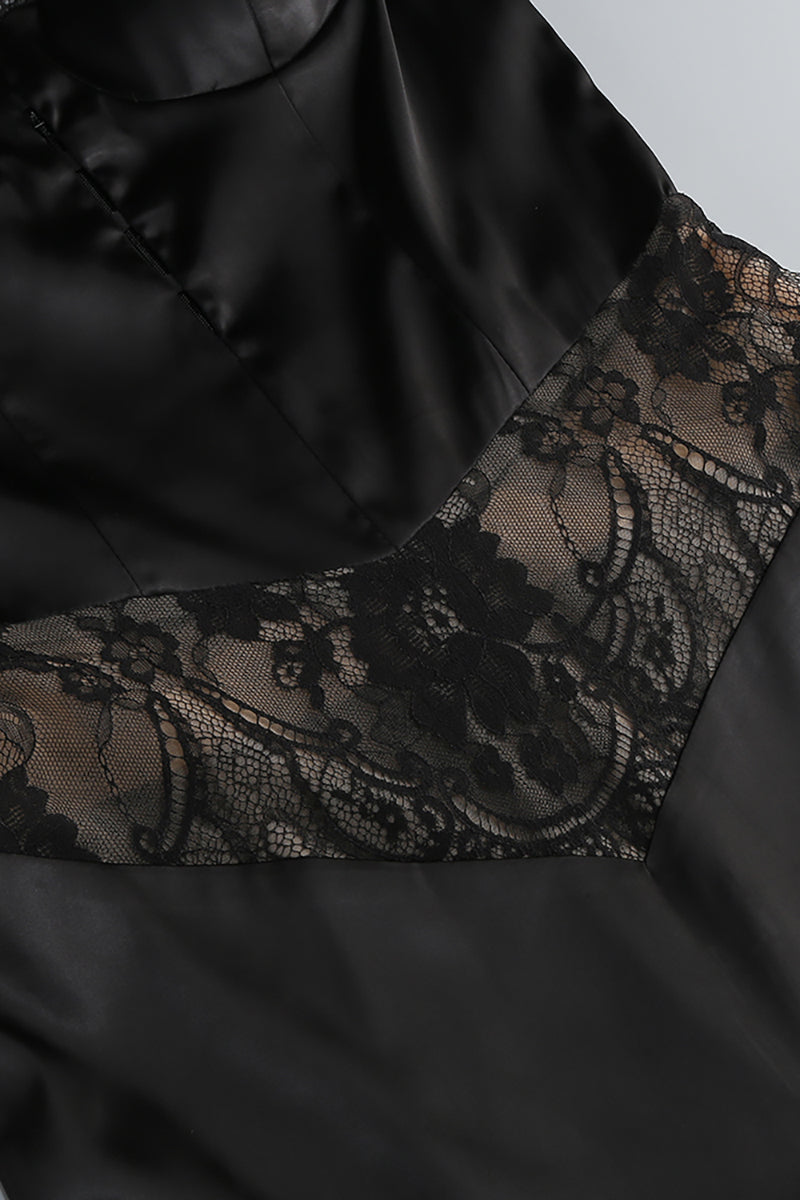 Satin Lace-Trimmed Slit Slip Maxi Dress in Black
