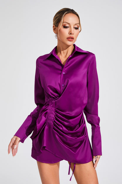 tiffany ruched satin shirt mini dress - purple