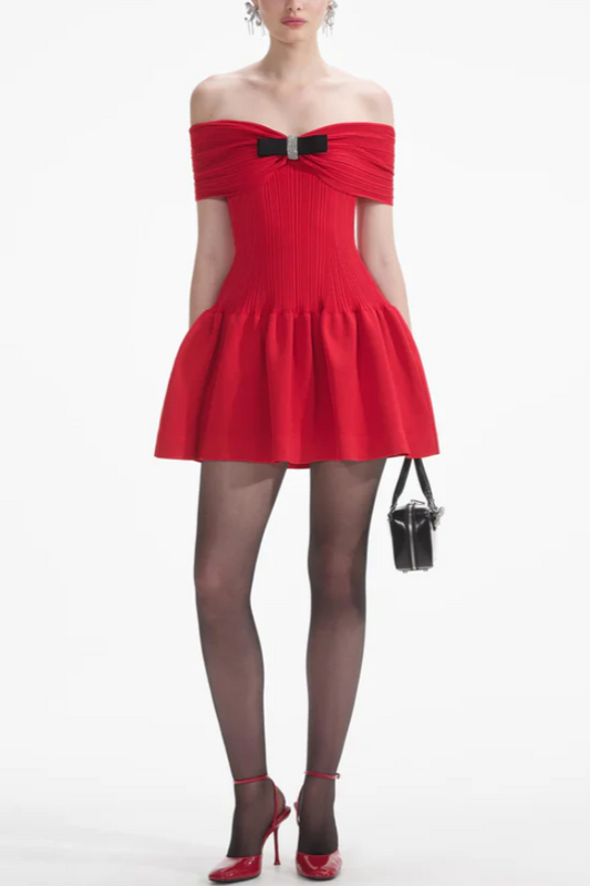 RED KNIT BOW MINI DRESS