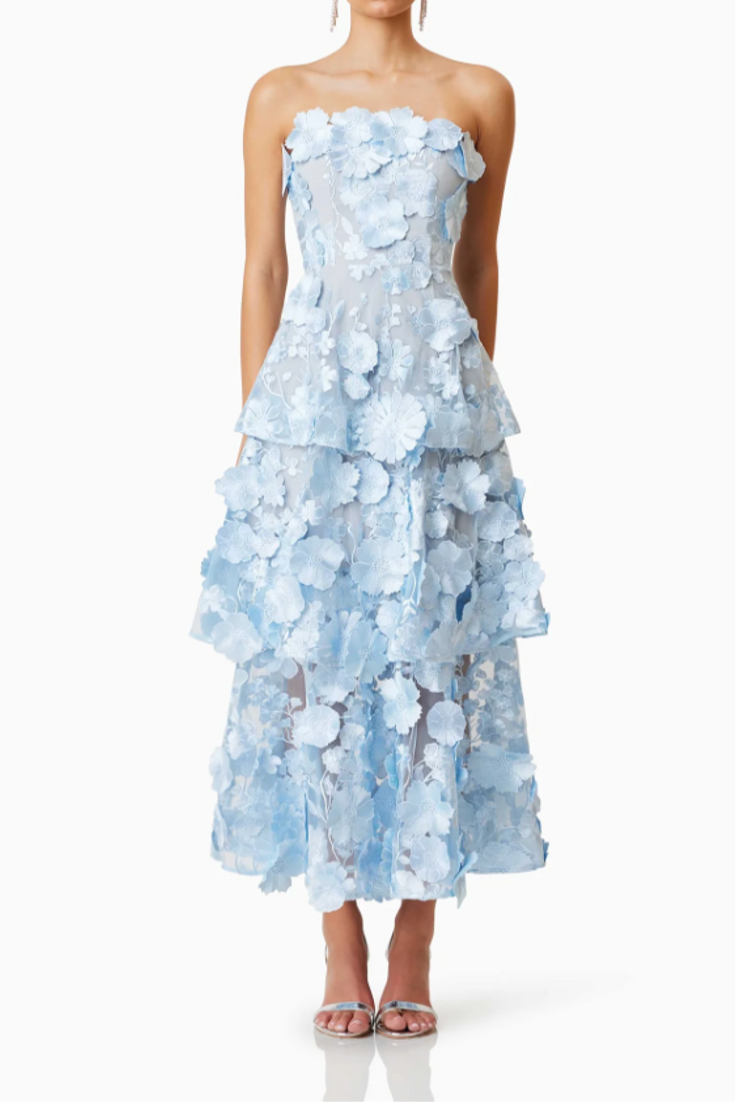 Selene 3D flower Tiered Maxi Dress In Blue