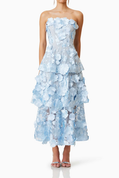 Selene 3D flower Tiered Maxi Dress In Blue