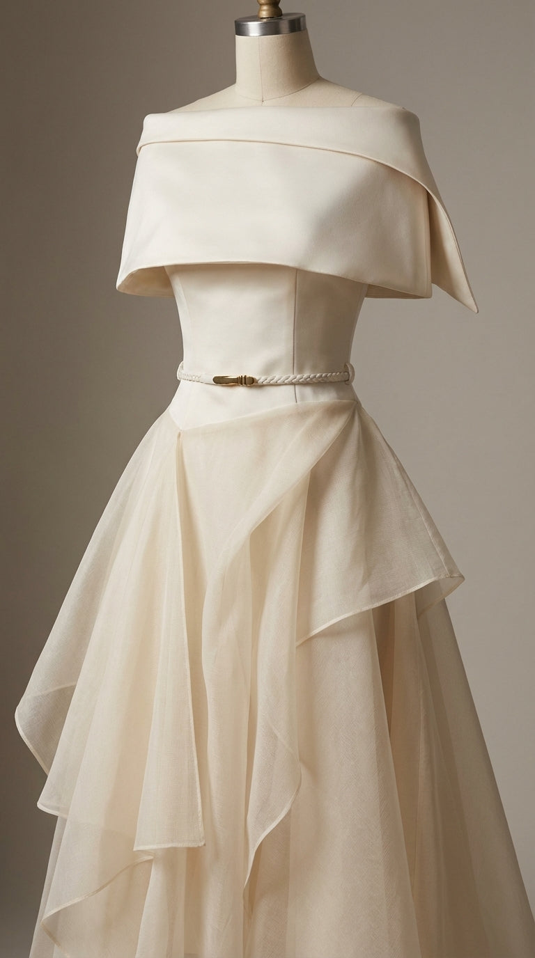kelly beige Cape Sleeve Ruffle Midi Dress with belt