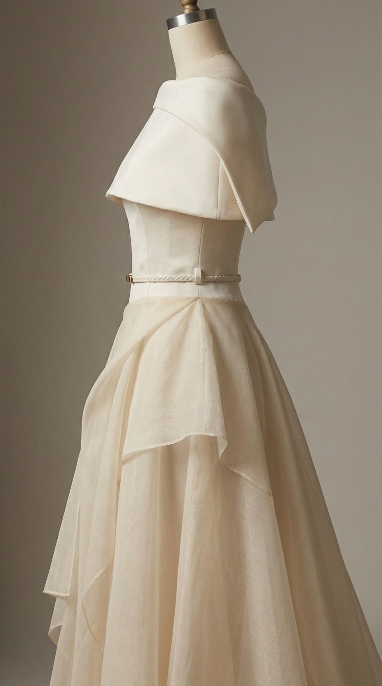 kelly beige Cape Sleeve Ruffle Midi Dress with belt