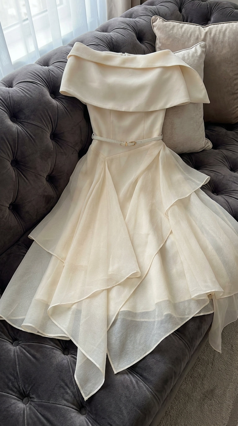 kelly beige Cape Sleeve Ruffle Midi Dress with belt
