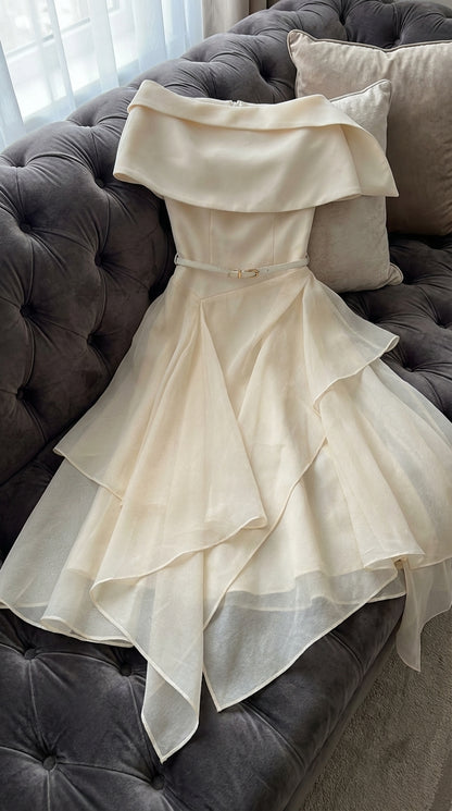 kelly beige Cape Sleeve Ruffle Midi Dress with belt