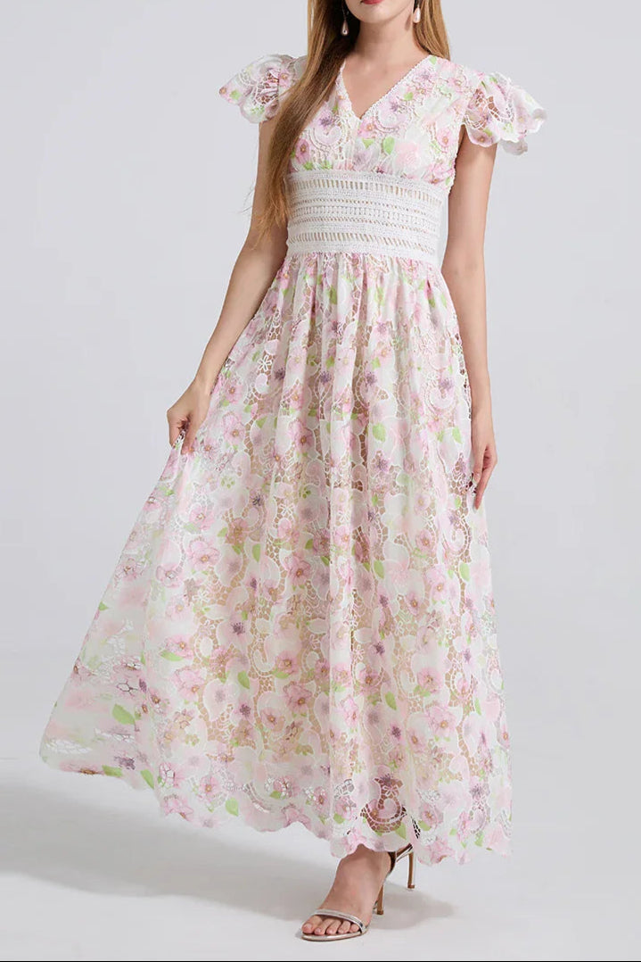 FLYING SLEEVES HIGH WAIST SLIM FIT FLORAL LACE DRESS