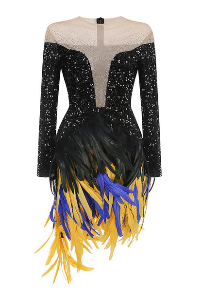 feather embellished sequin mini dress in black