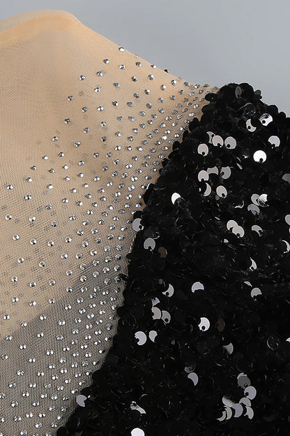 feather embellished sequin mini dress in black