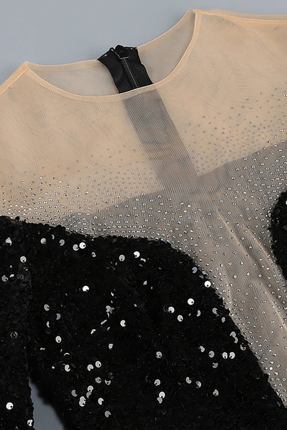feather embellished sequin mini dress in black